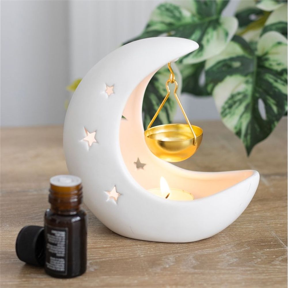 Eleanoras WHITE CRESCENT MOON HANGING OIL BURNER WITH GOLD DISH Oil Burners