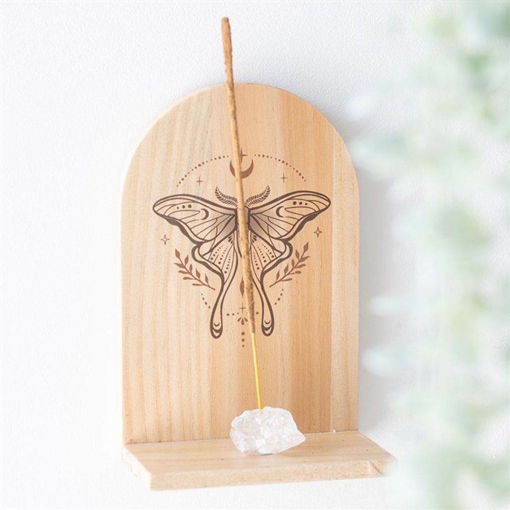 Eleanoras Luna Moth Natural Wooden Incense Holder Shelf 