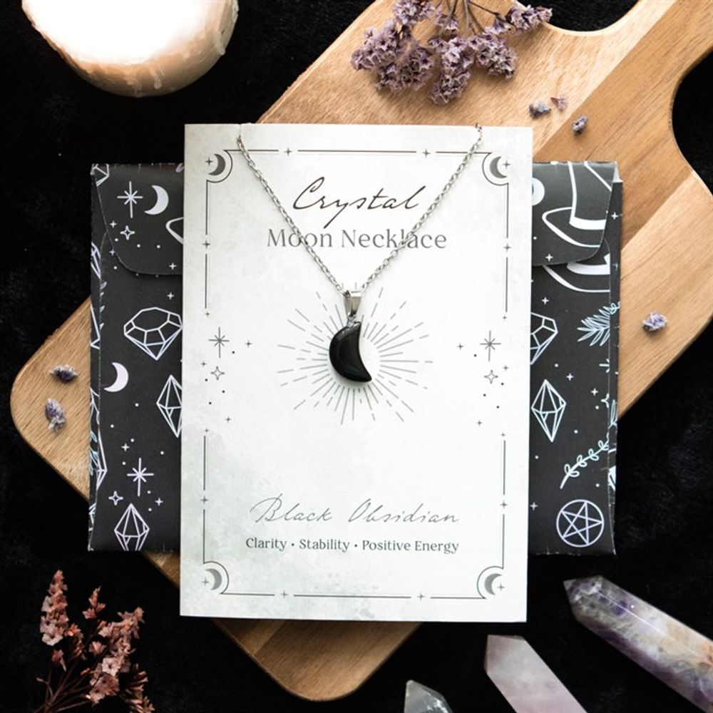 Eleanoras BLACK OBSIDIAN CRYSTAL MOON NECKLACE ON GREETING CARD Jewellery