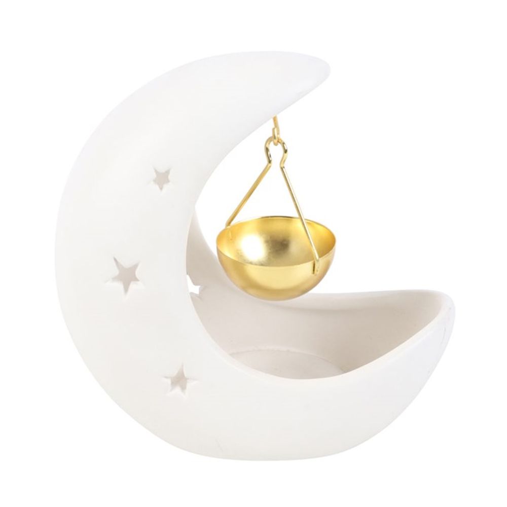 Eleanoras WHITE CRESCENT MOON HANGING OIL BURNER WITH GOLD DISH Oil Burners