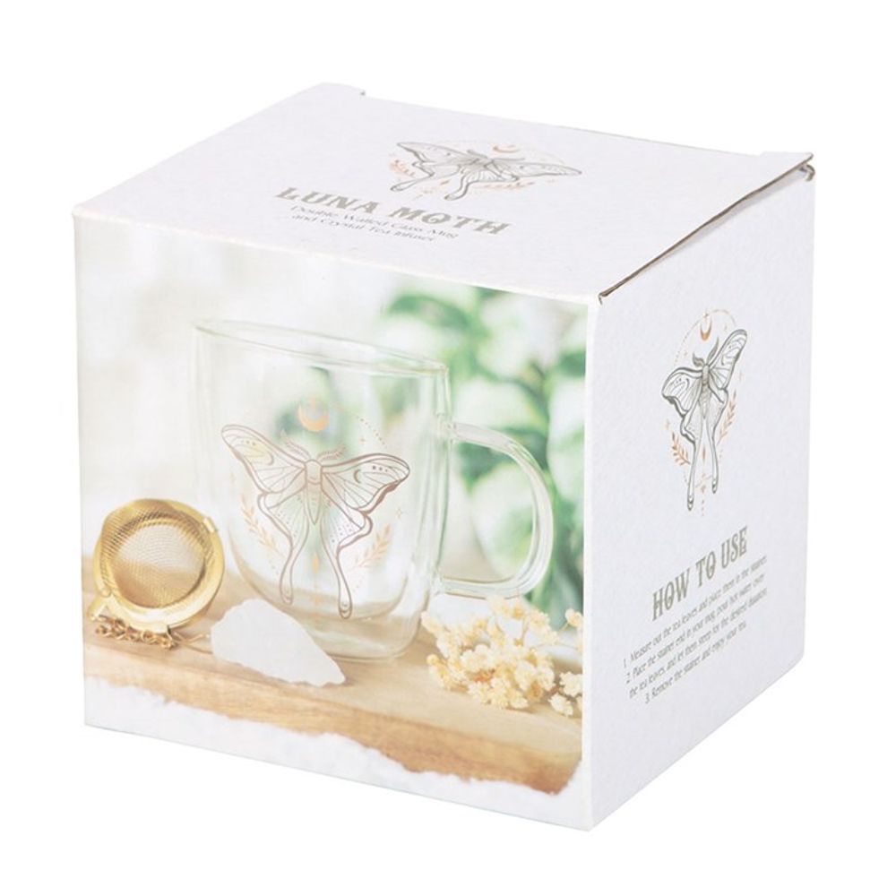 Eleanoras LUNA MOTH DOUBLE WALLED GLASS MUG WITH CRYSTAL TEA INFUSER Mugs