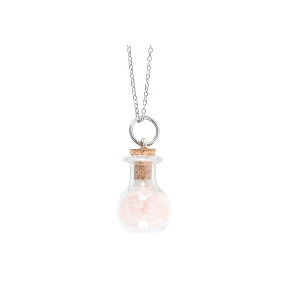 Eleanoras Love Rose Quartz Crystal Chip Potion Bottle Necklace Jewellery