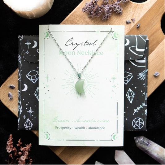 Eleanoras GREEN ADVENTURINE CRYSTAL MOON NECKLACE ON GREETING CARD Jewellery