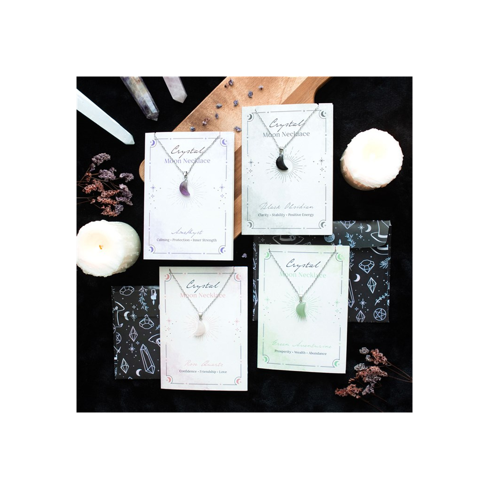Eleanoras GREEN ADVENTURINE CRYSTAL MOON NECKLACE ON GREETING CARD Jewellery
