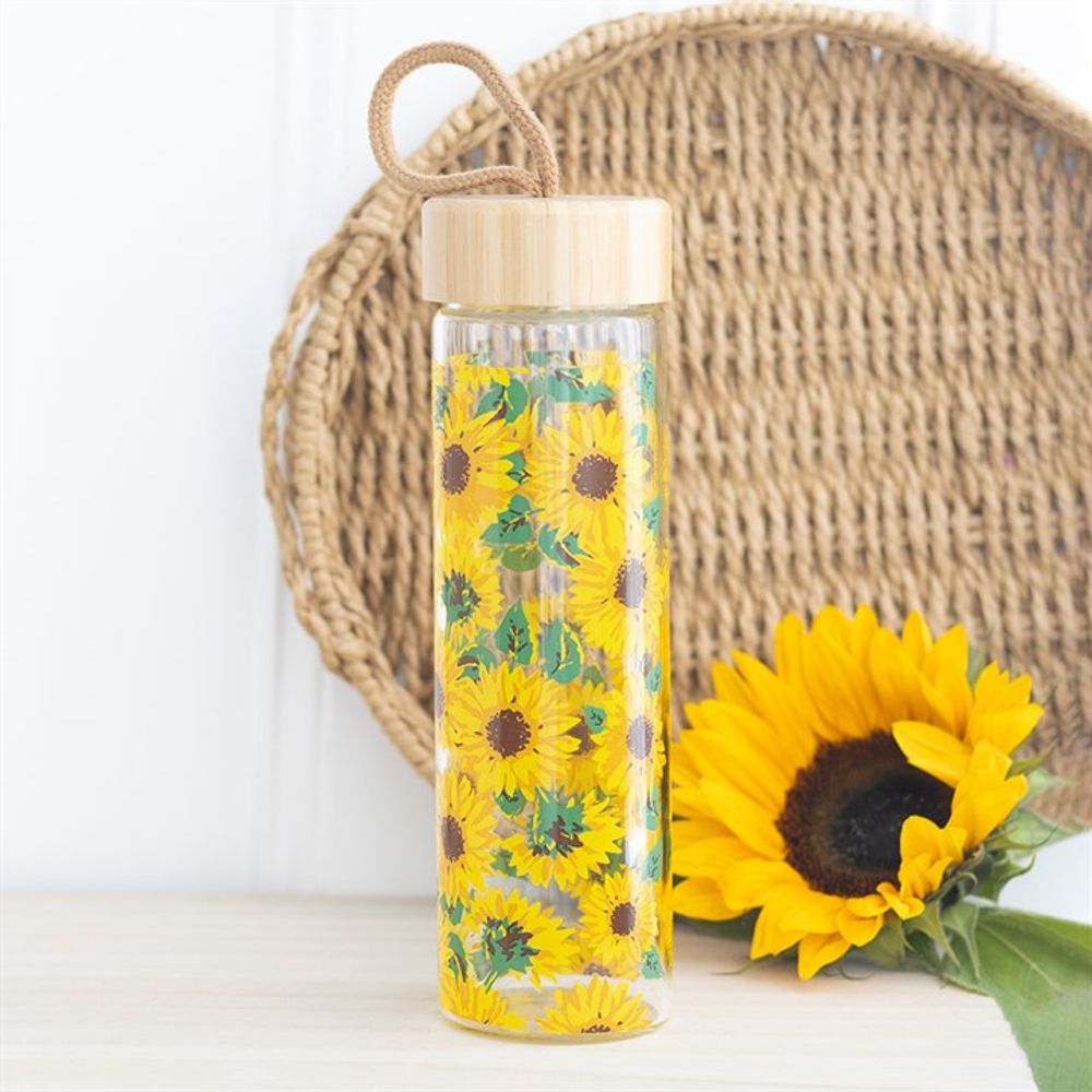 Eleanoras Sunflower Print Glass Water Bottle Drinkware