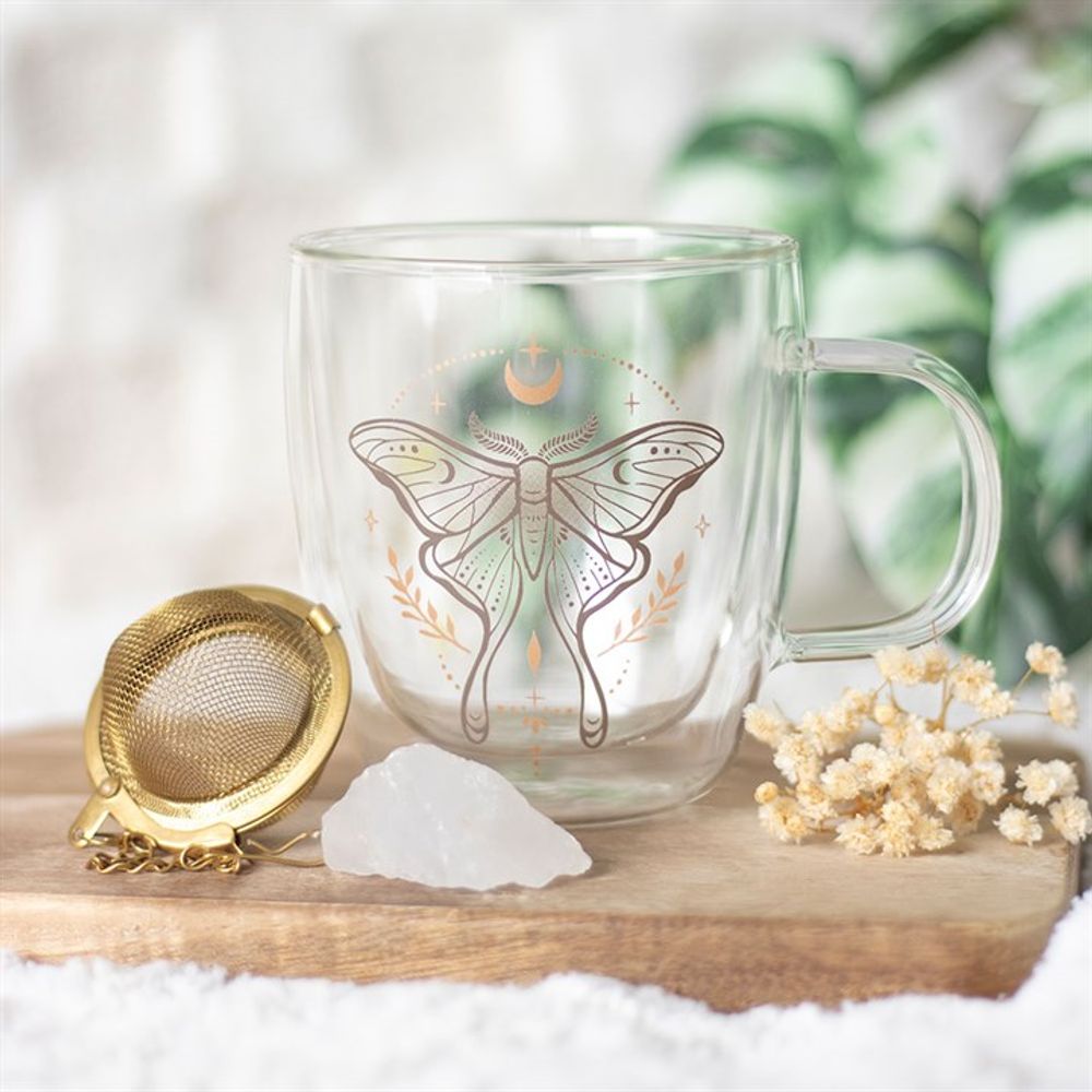 Eleanoras LUNA MOTH DOUBLE WALLED GLASS MUG WITH CRYSTAL TEA INFUSER Mugs