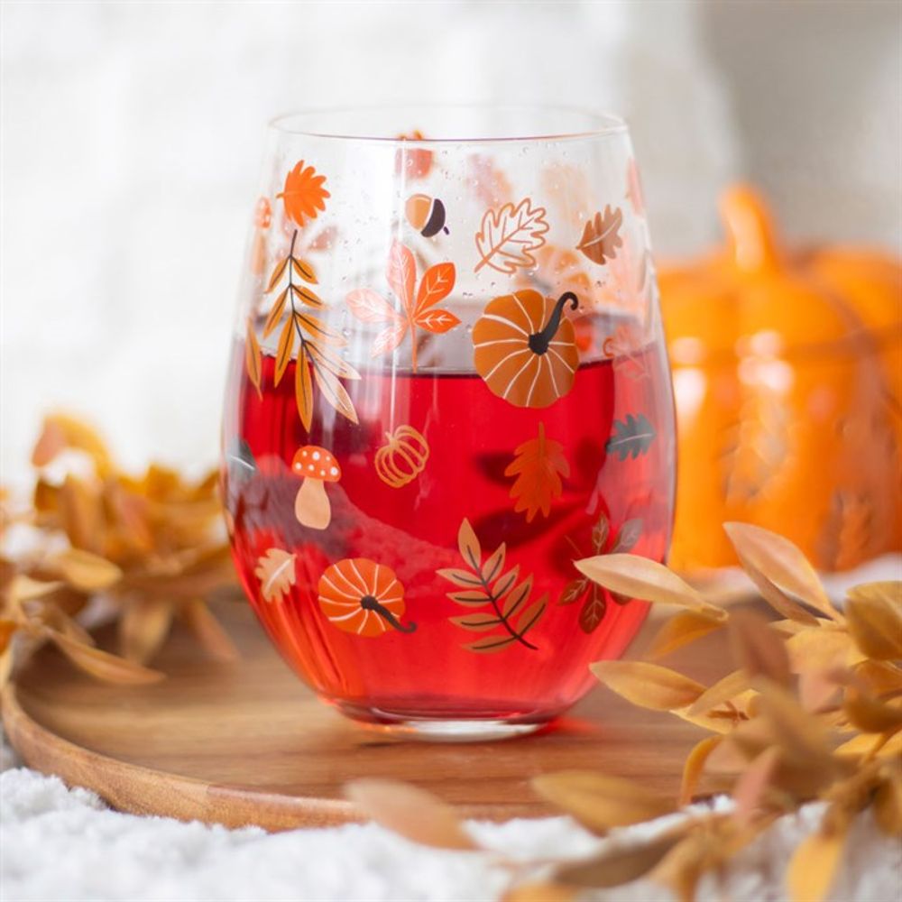 Eleanoras AUTUMN  LEAVES & PUMPKINS STEMLESS GLASS 