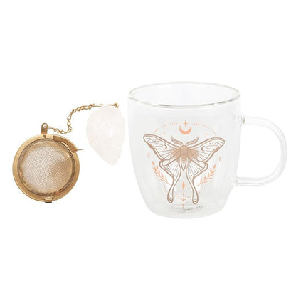 Eleanoras LUNA MOTH DOUBLE WALLED GLASS MUG WITH CRYSTAL TEA INFUSER Mugs