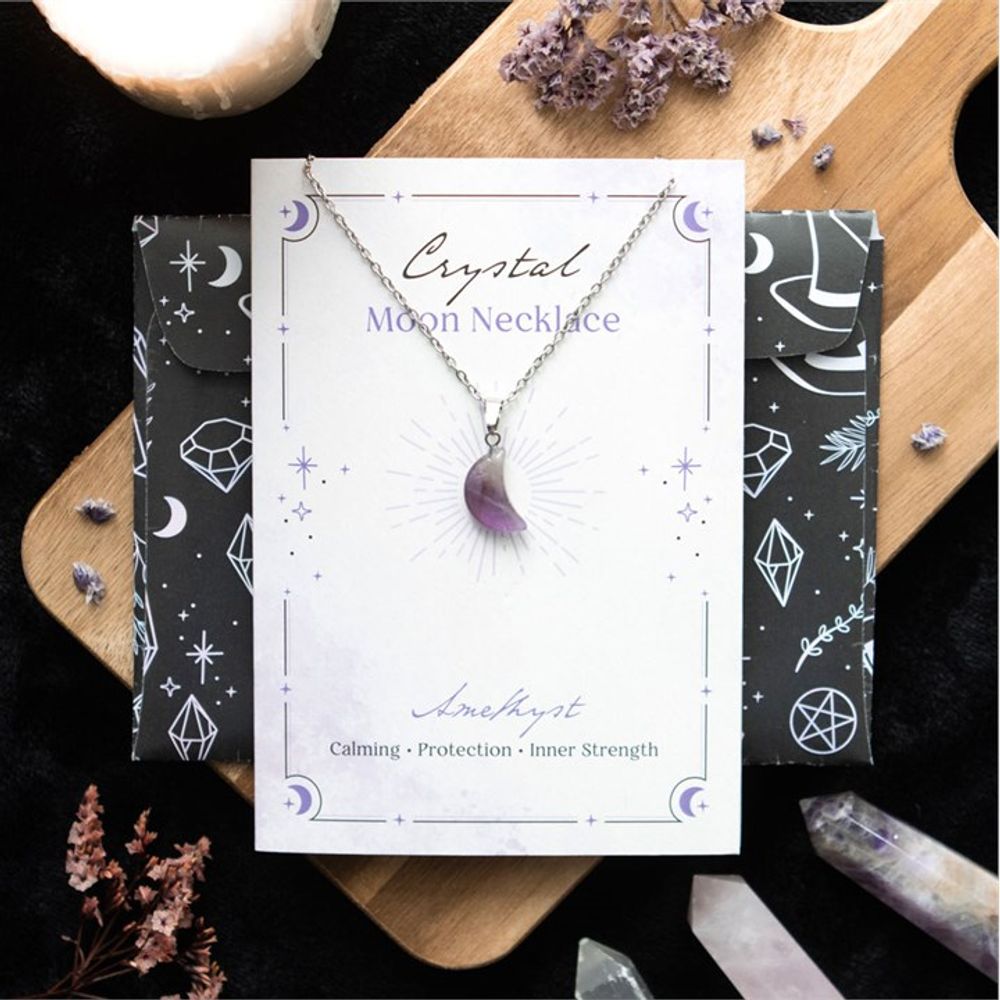 Eleanoras Amethyst Crystal Moon Necklace On Greeting Card Jewellery