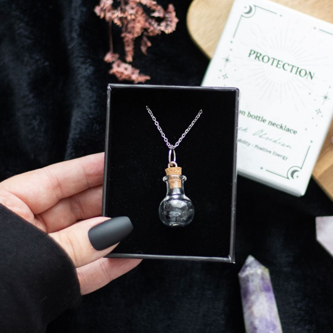 Eleanoras Protection Black Obsidian Crystal Chip Potion Bottle Necklace Jewellery