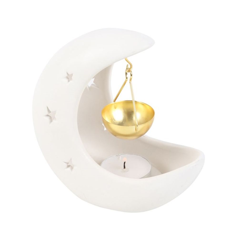 Eleanoras WHITE CRESCENT MOON HANGING OIL BURNER WITH GOLD DISH Oil Burners