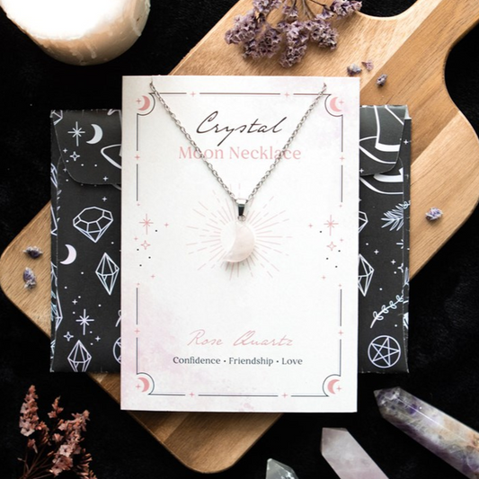 Eleanoras ROSE QUARTZ CRYSTAL MOON NECKLACE ON GREETING CARD Jewellery