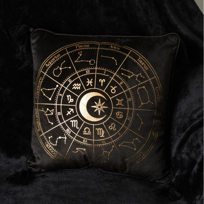 Eleanoras ASTROLOGY WHEEL BLACK SQUARE CUSHION Filled Cushions