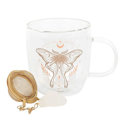 Eleanoras LUNA MOTH DOUBLE WALLED GLASS MUG WITH CRYSTAL TEA INFUSER Mugs