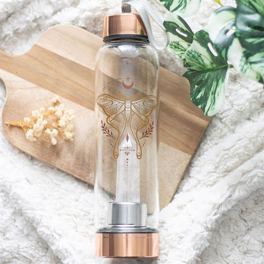 Eleanoras LUNA MOTH GLASS WATER BOTTLE WITH CLEAR QUARTZ CRYSTAL Water Bottles