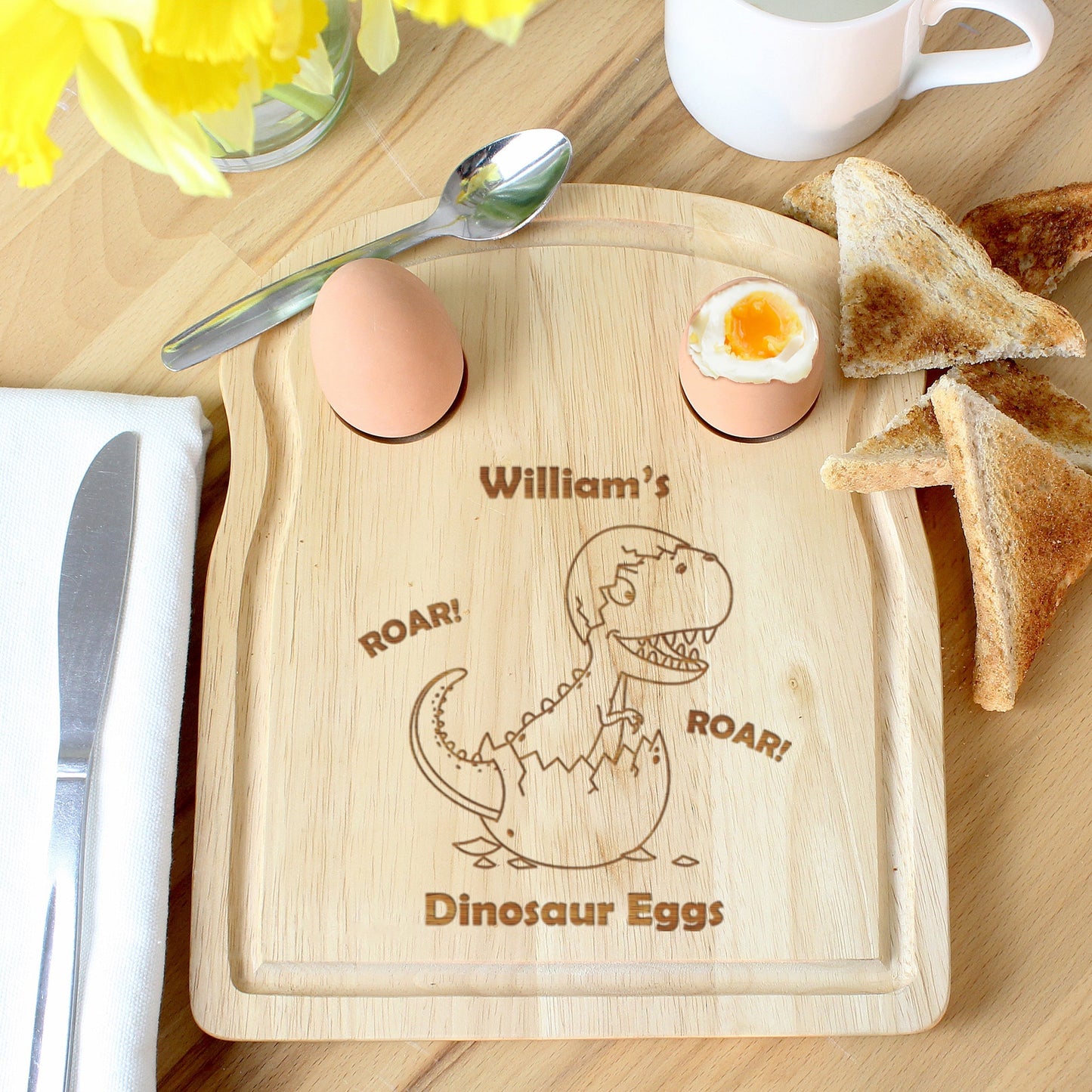 Eleanoras Dinosaur Personalised Egg & Toast Board Toast Boards