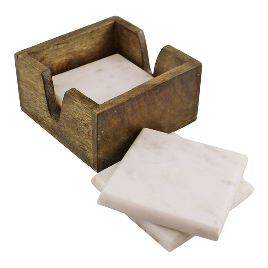 Eleanoras Set of 4 High Quality Marble Coasters In A Mango Wood Holder 