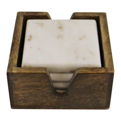 Eleanoras Set of 4 High Quality Marble Coasters In A Mango Wood Holder 