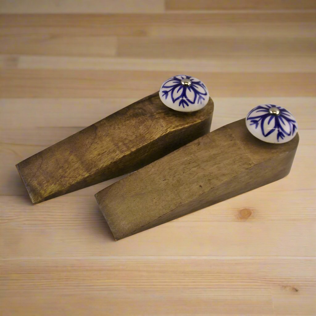 Eleanoras Set Of 2 Wooden Door Wedges With Ceramic Knobs Door Stops