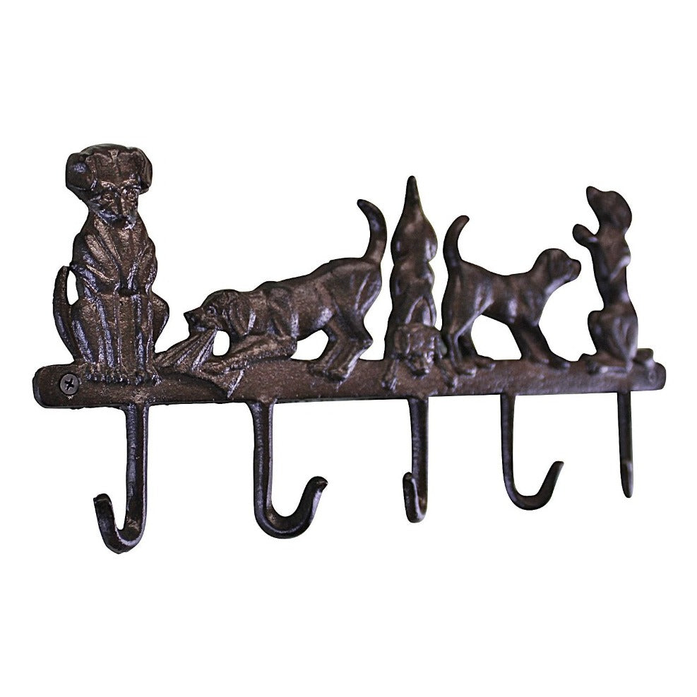 Eleanoras Rustic Cast Iron Wall Hooks, Playful Dog Design With 5 Hooks 