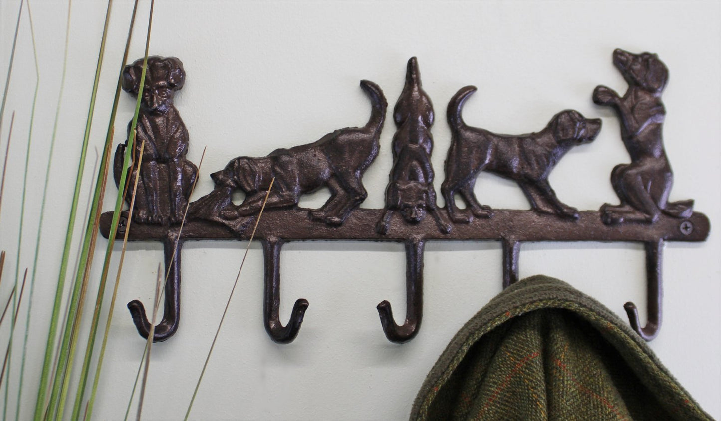 Eleanoras Rustic Cast Iron Wall Hooks, Playful Dog Design With 5 Hooks 