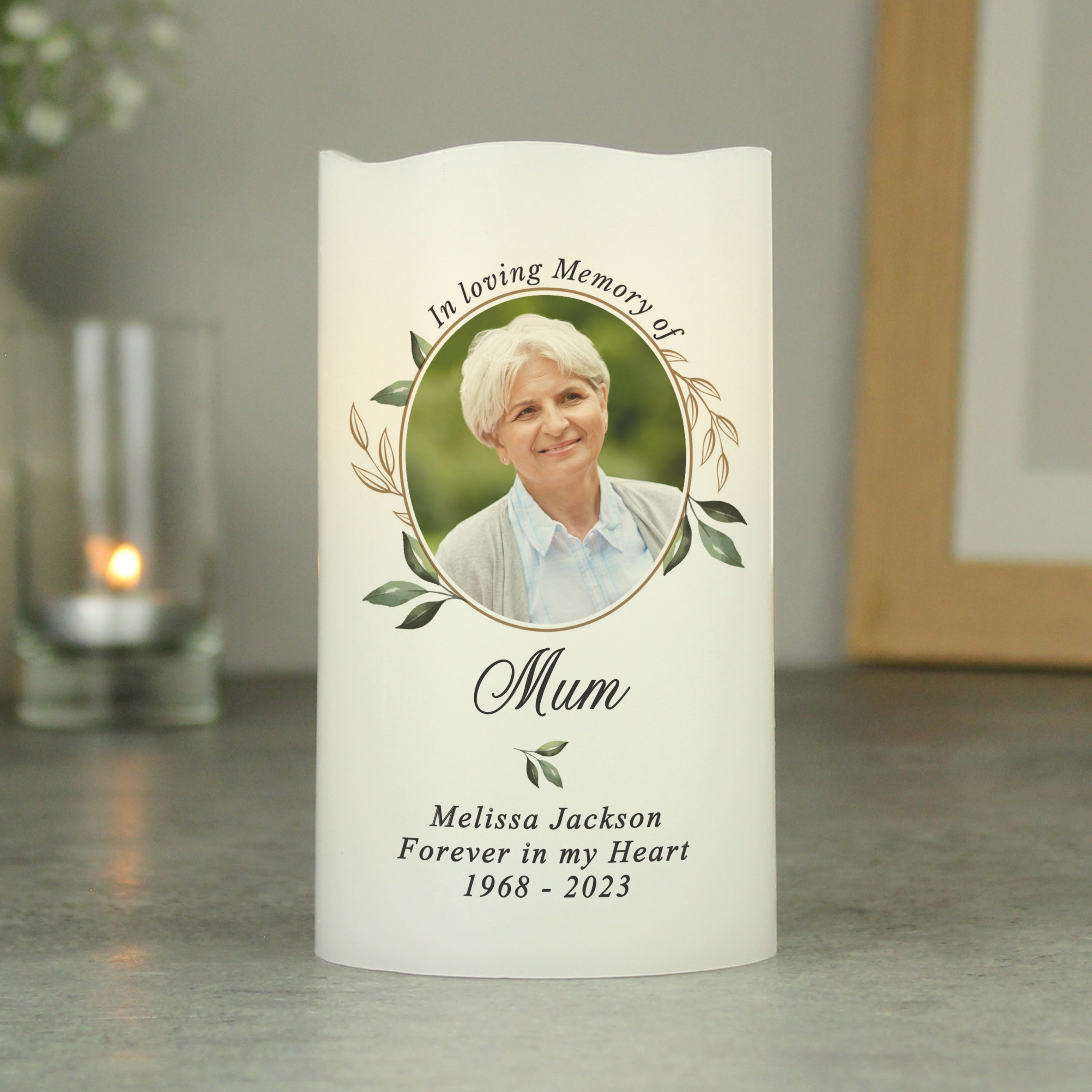 Eleanoras Personalised Botanical Memorial Photo Upload LED Candle 