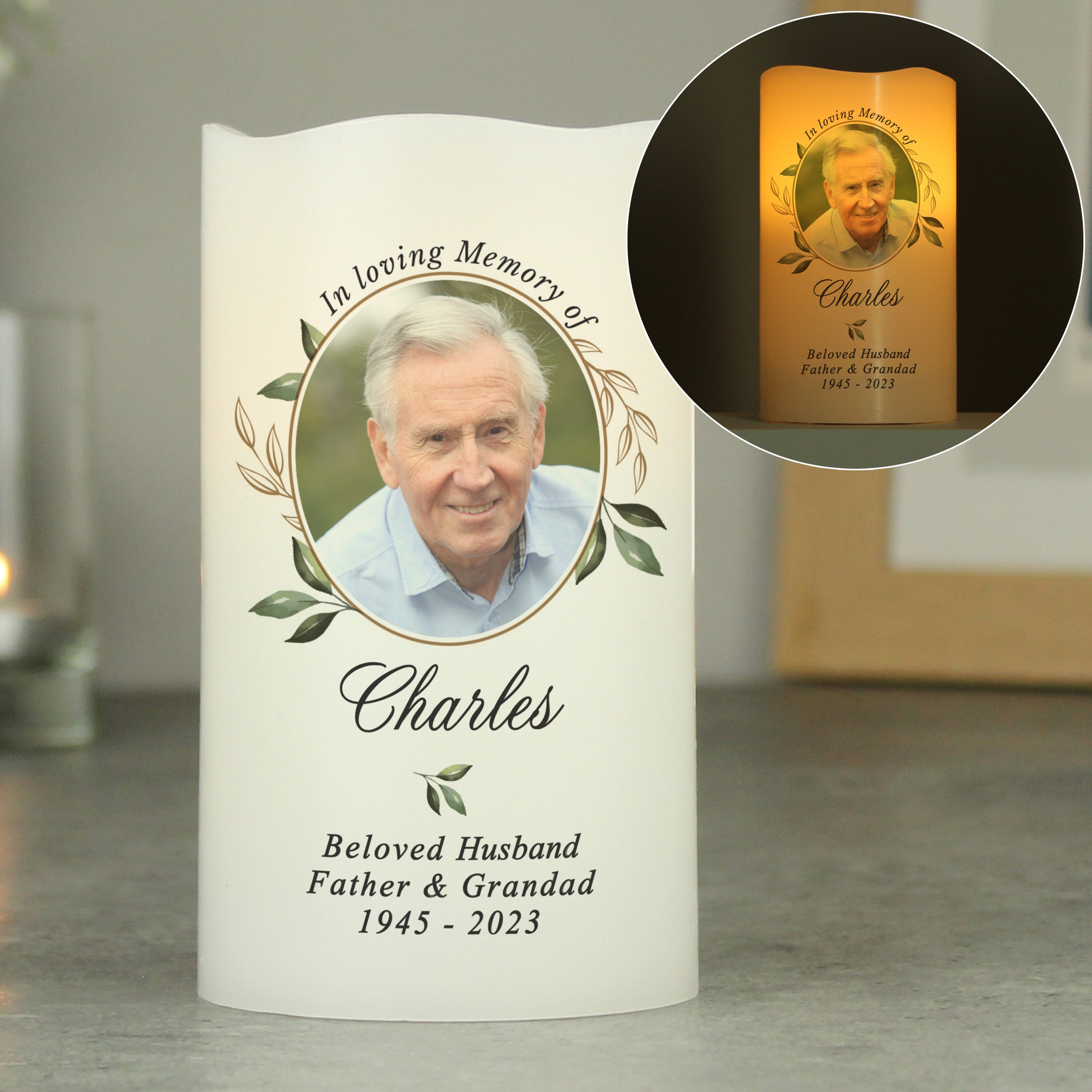 Eleanoras Personalised Botanical Memorial Photo Upload LED Candle 