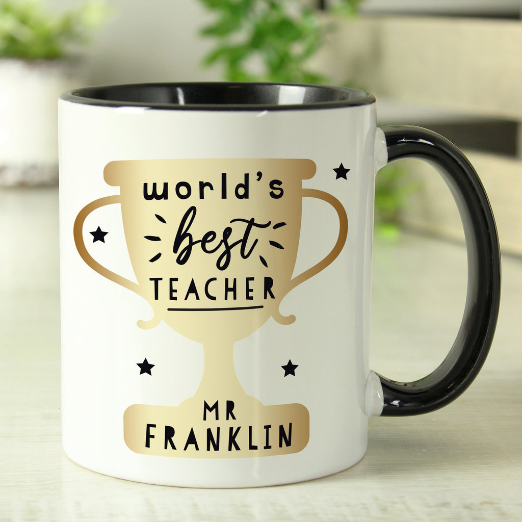 Eleanoras Personalised World's Best Teacher Trophy Black Handled Mug Mugs