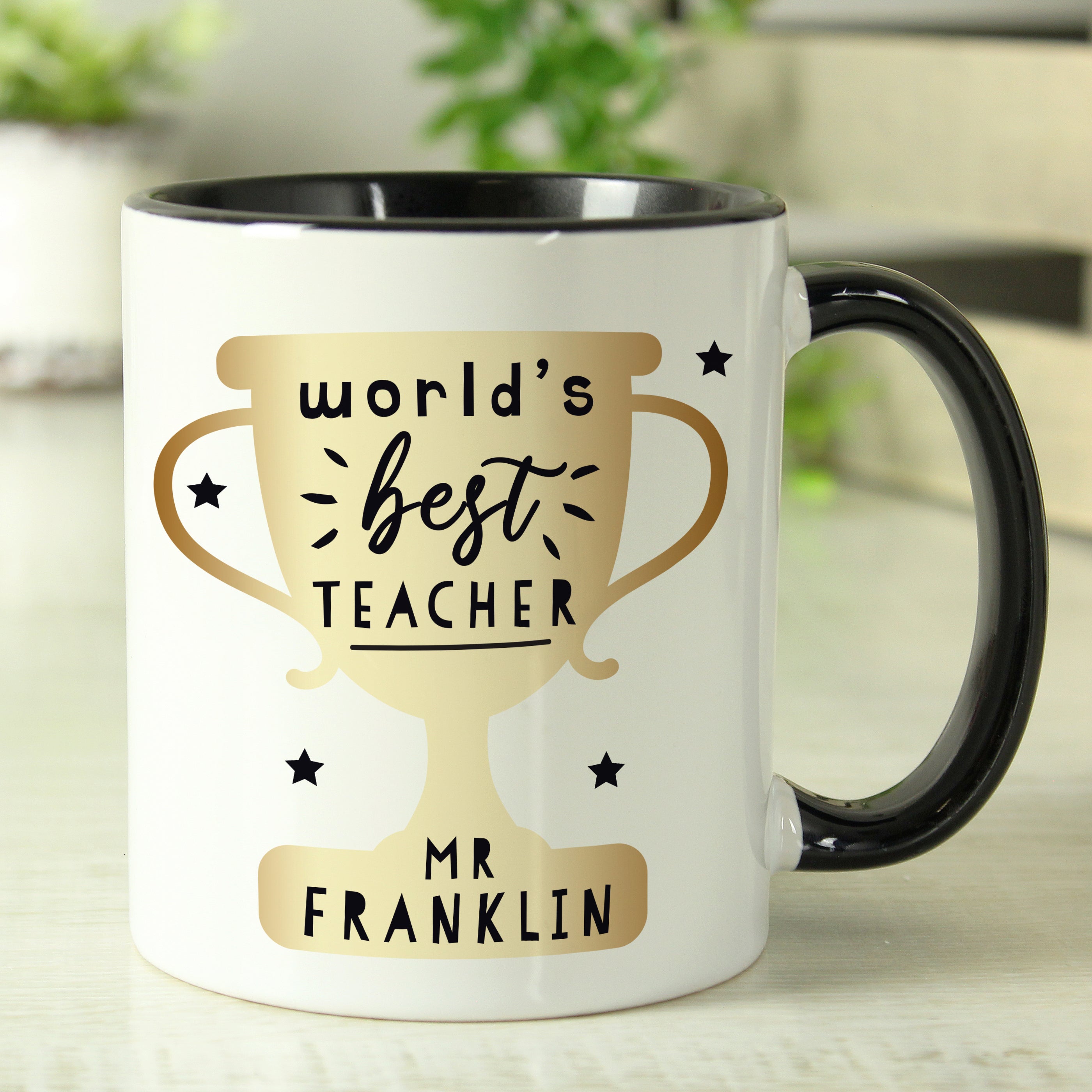 Eleanoras Personalised World's Best Teacher Trophy Black Handled Mug Mugs