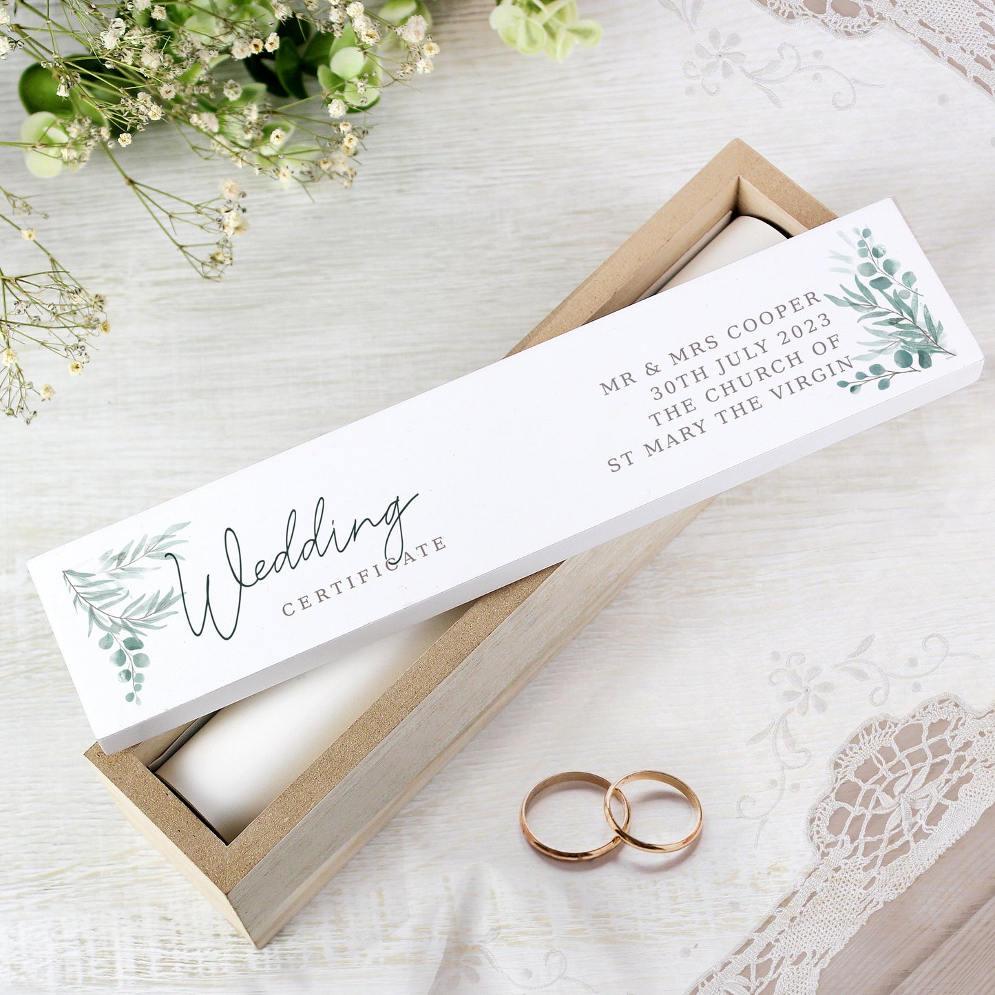 Eleanoras Personalised Botanical Wooden Wedding Certificate Holder 