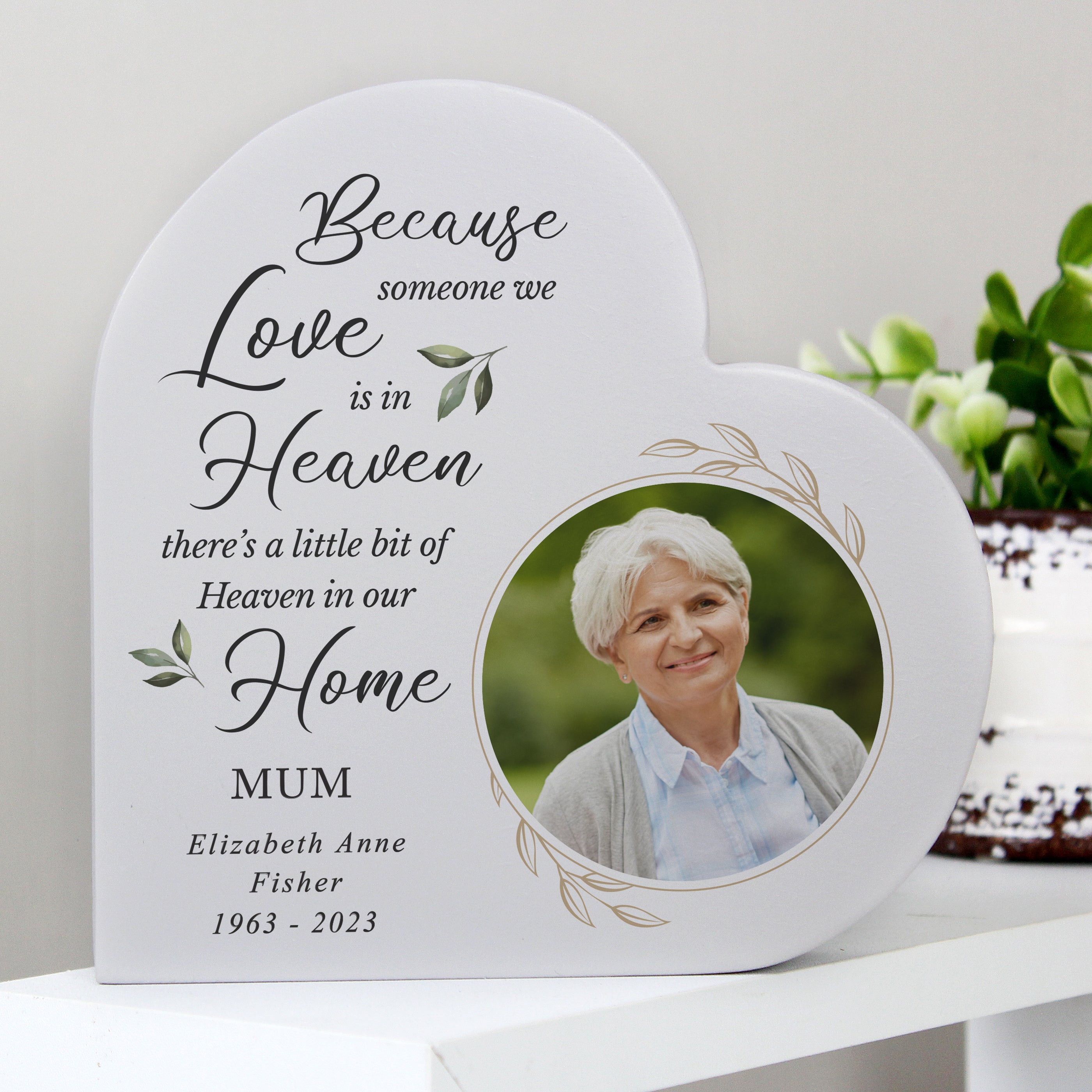 Eleanoras Personalised Botanical Memorial Photo Upload Free Standing Heart 