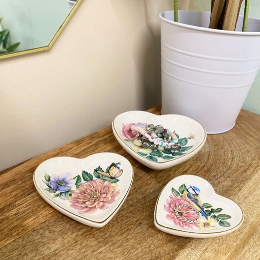 Set Of Three Heart Trinkets Dishes with Gold Edging