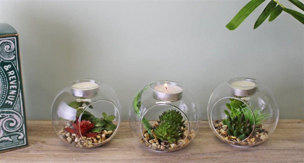 Eleanoras Succulent In Glass Terrarium with TeaLight Holder Artificial Plants