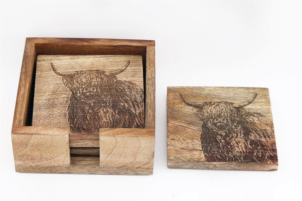 Eleanoras COW ENGRAVED SET OF 4 WOODEN COASTERS Coasters