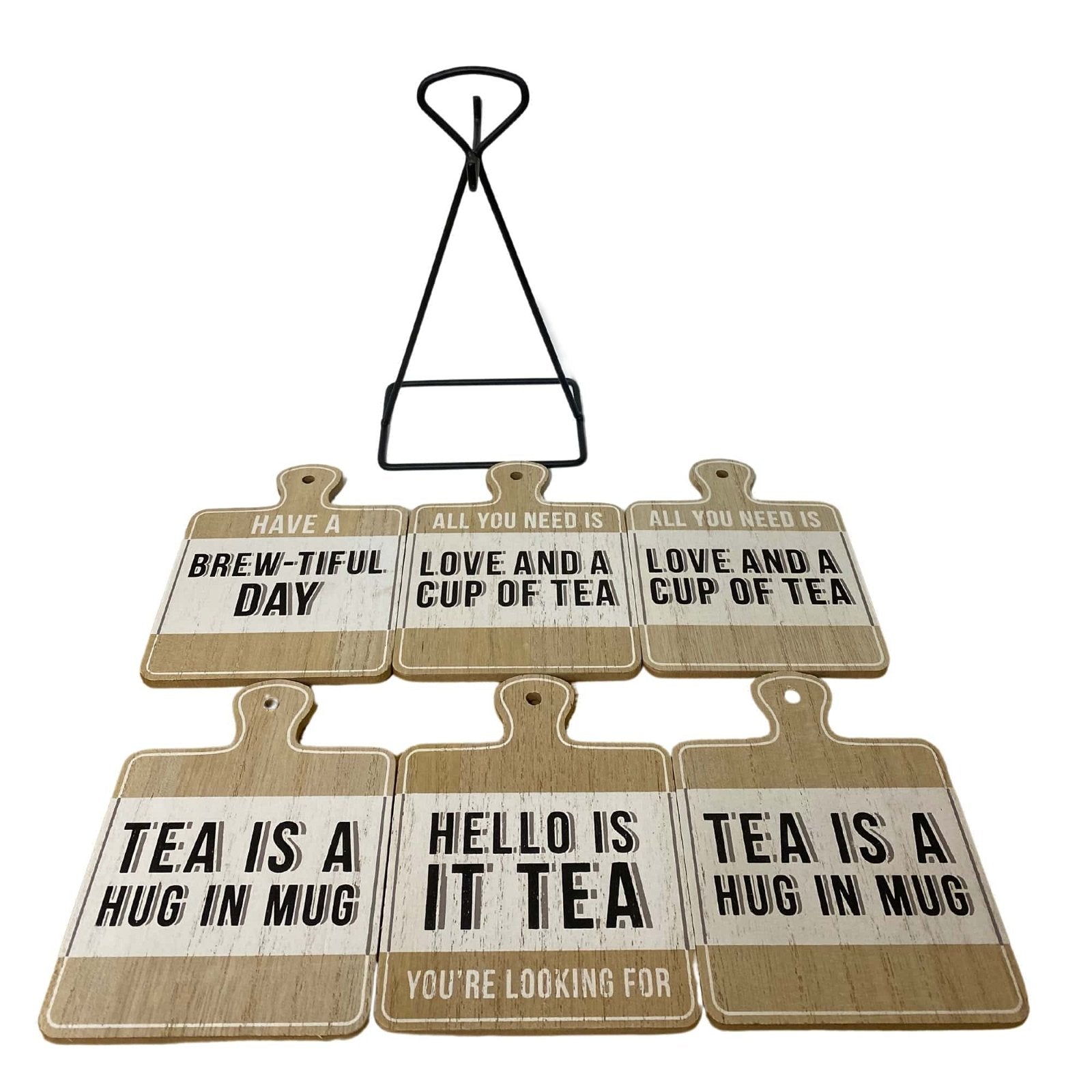 Eleanoras TEA SLOGAN SET OF 6 COASTERS ON METAL STAND 