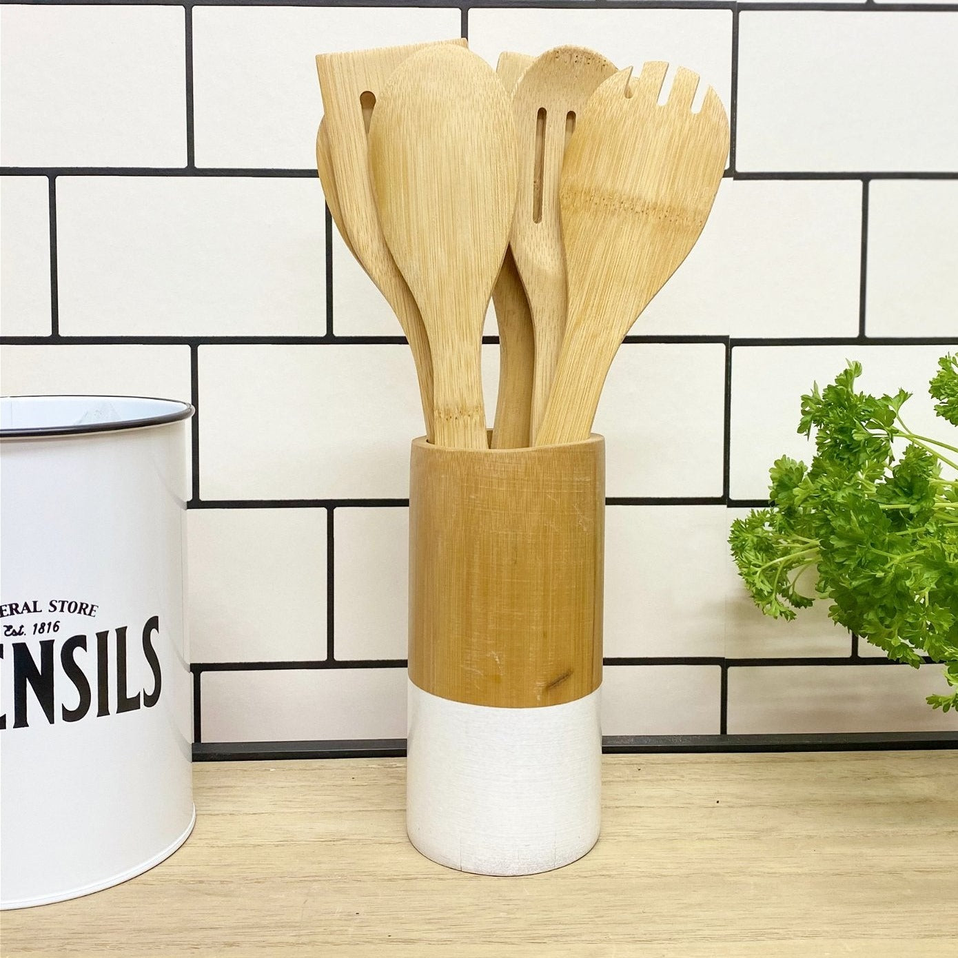 Eleanoras Six Piece Wooden Utensils with Round Holder Utensil Pots