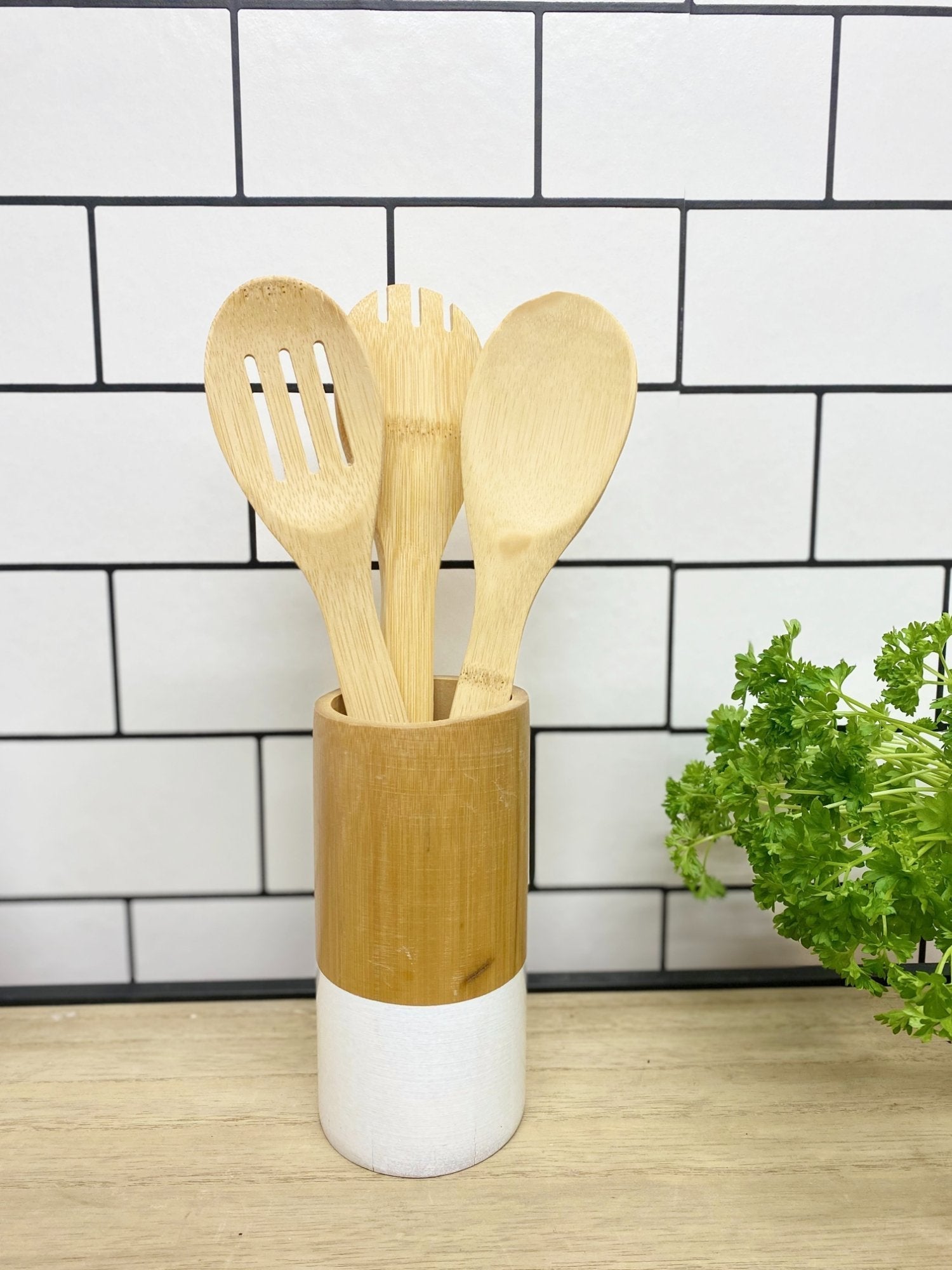 Eleanoras Six Piece Wooden Utensils with Round Holder Utensil Pots