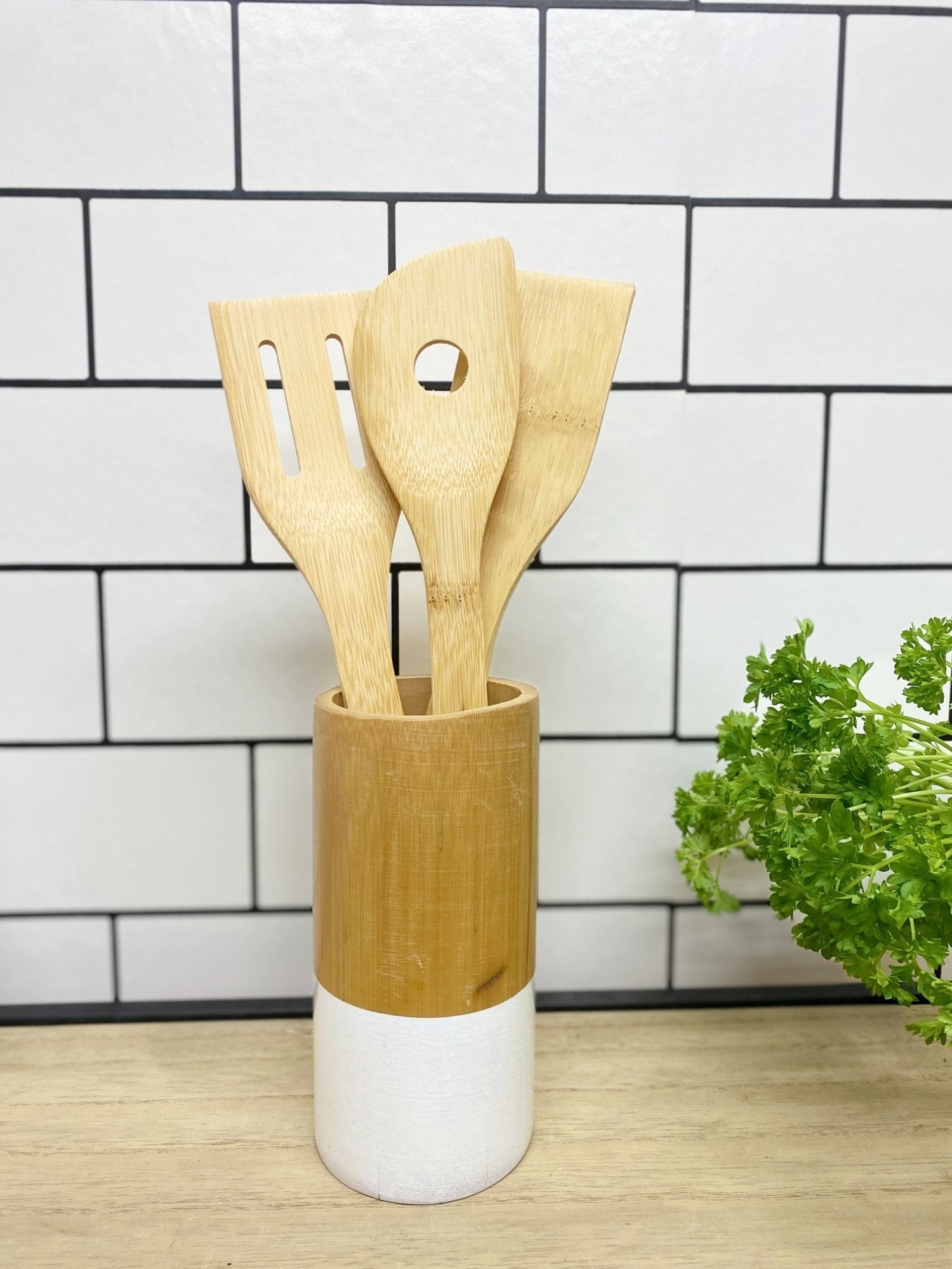 Eleanoras Six Piece Wooden Utensils with Round Holder Utensil Pots