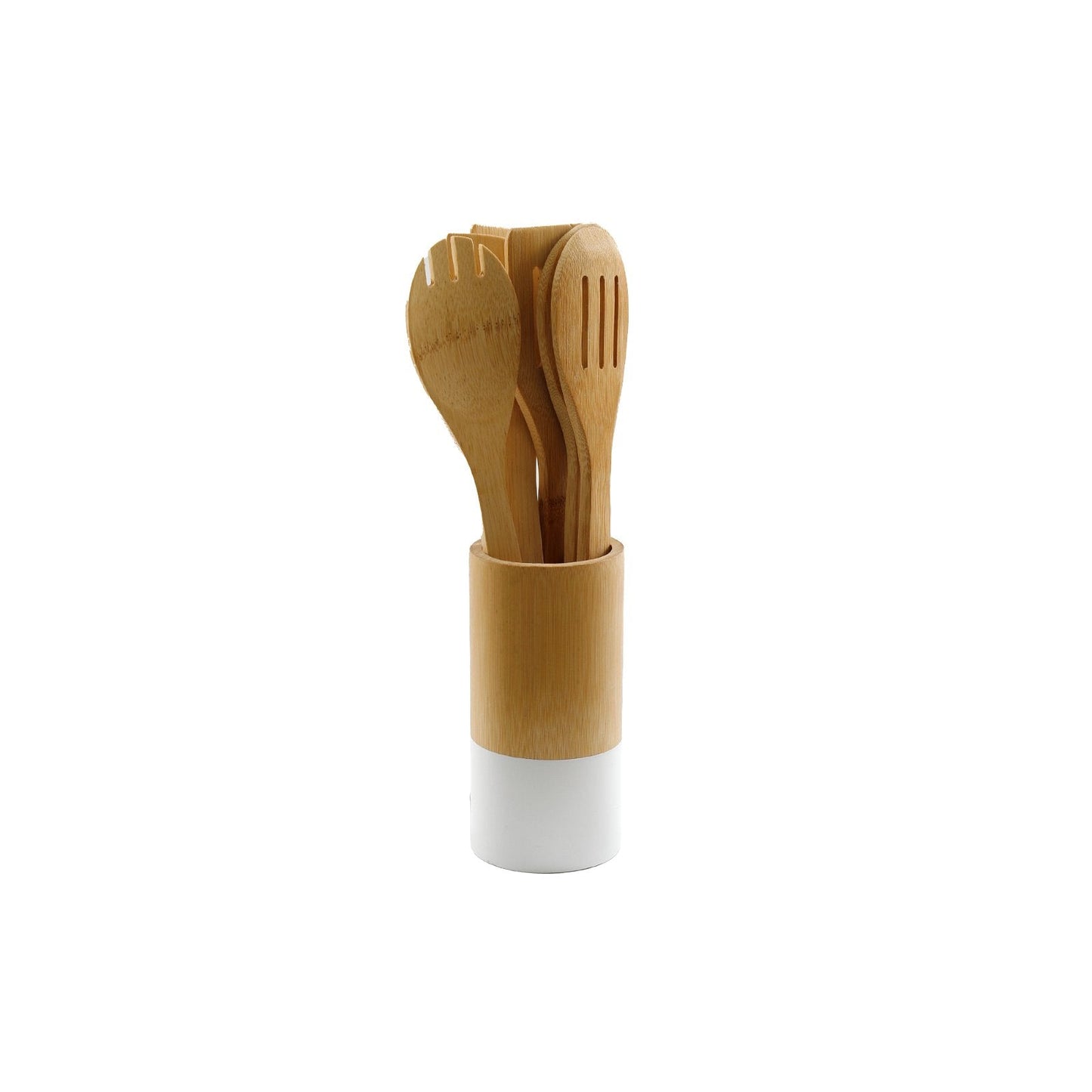 Eleanoras Six Piece Wooden Utensils with Round Holder Utensil Pots