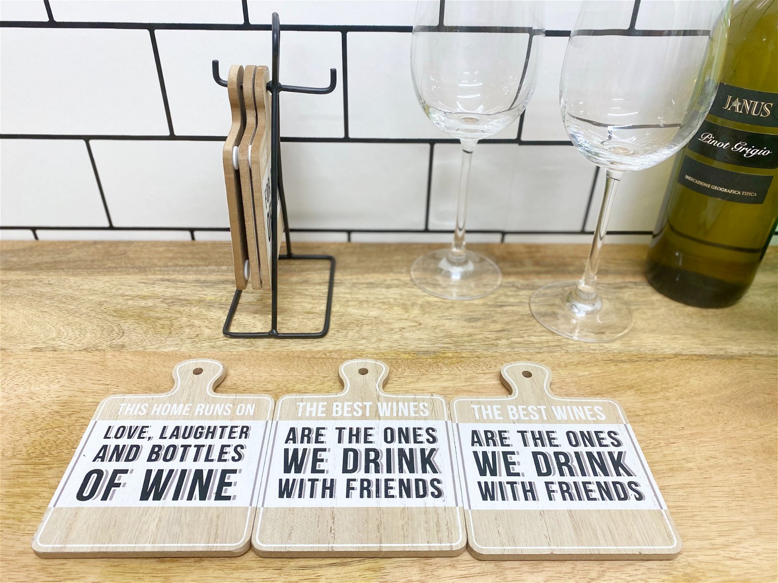 Eleanoras Set of Six Wine Slogan Coasters On Metal Stand PLACEMATS & COASTERS