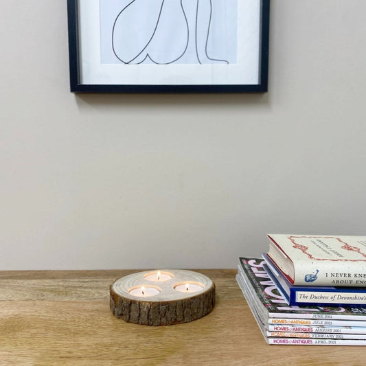 Eleanoras Wooden Triple Tealight Holder with Bark Detail 