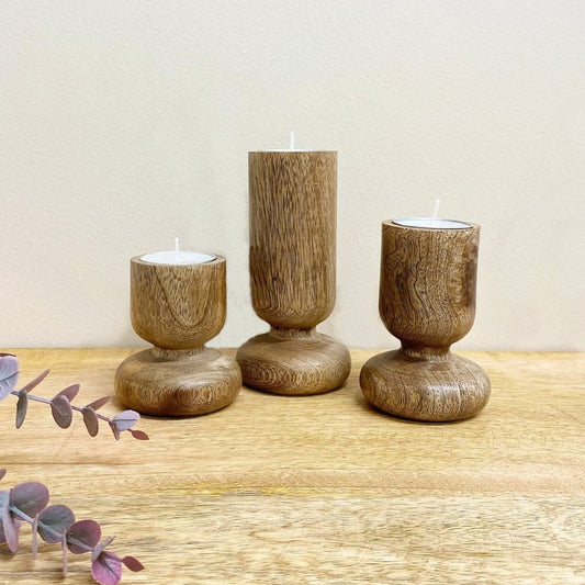 Eleanoras Set of Three Wooden Candlestick or Tea Light Holders 