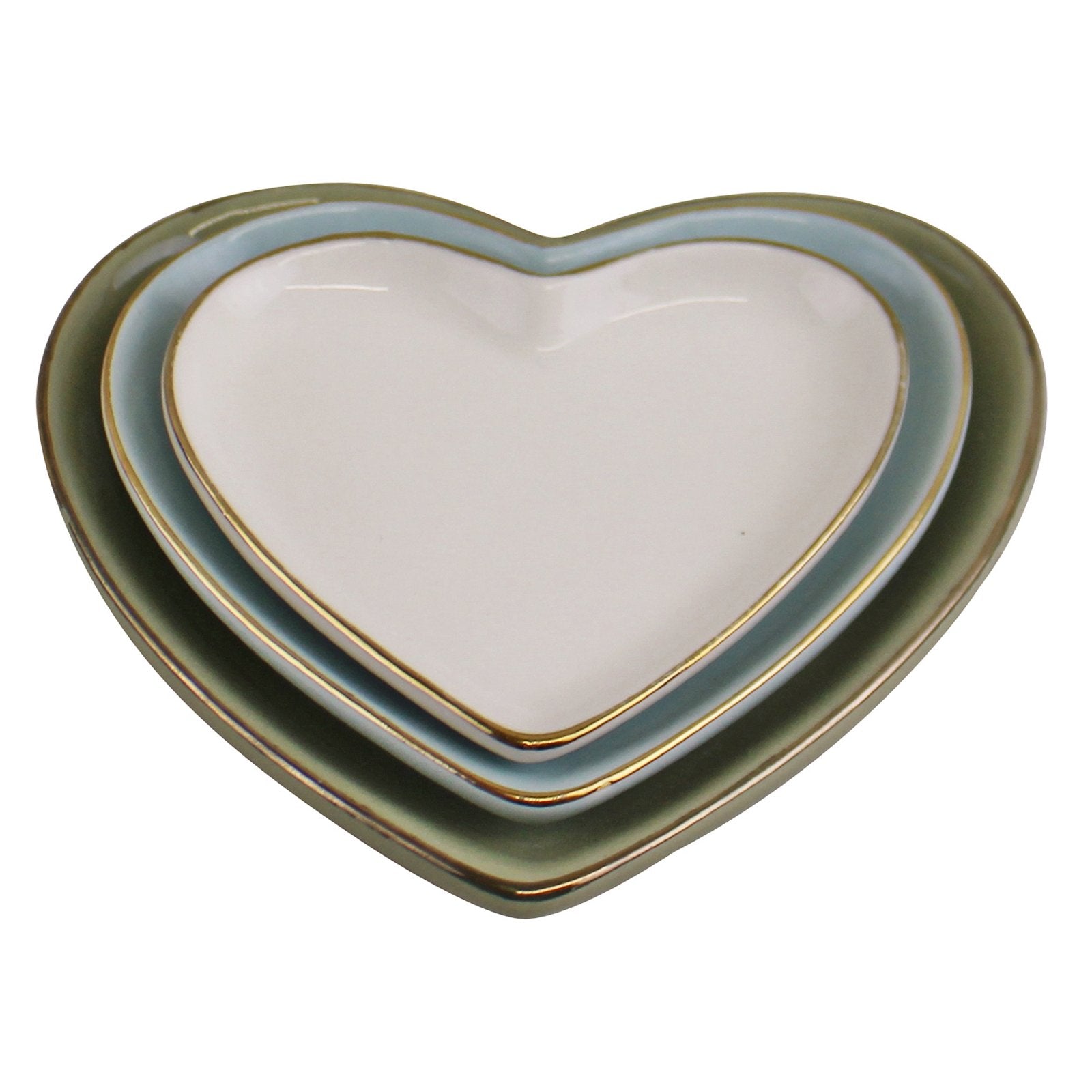 Eleanoras Set Of 3 Heart Shaped Ceramic Trinket Plates With A Gold Edge 