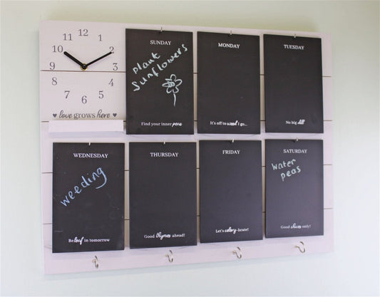 Potting Shed Weekly Reminder Chalkboard With Clock & Hooks, White  from Eleanoras