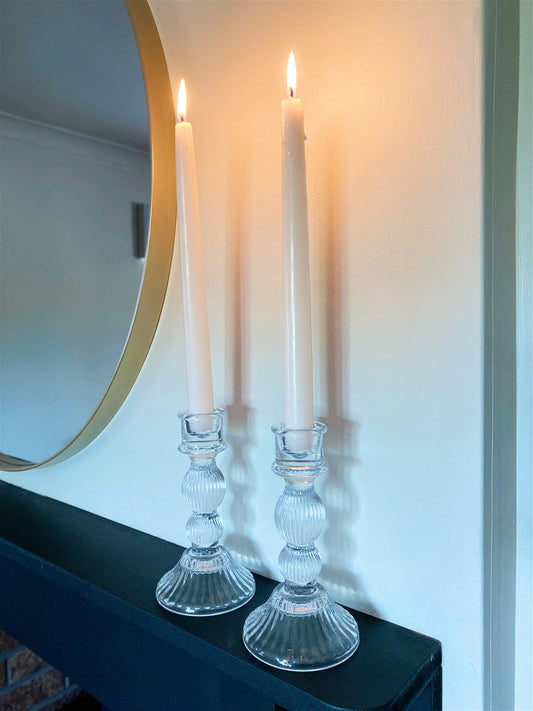 Eleanoras Pair of Glass Taper Candle Holders Clear 