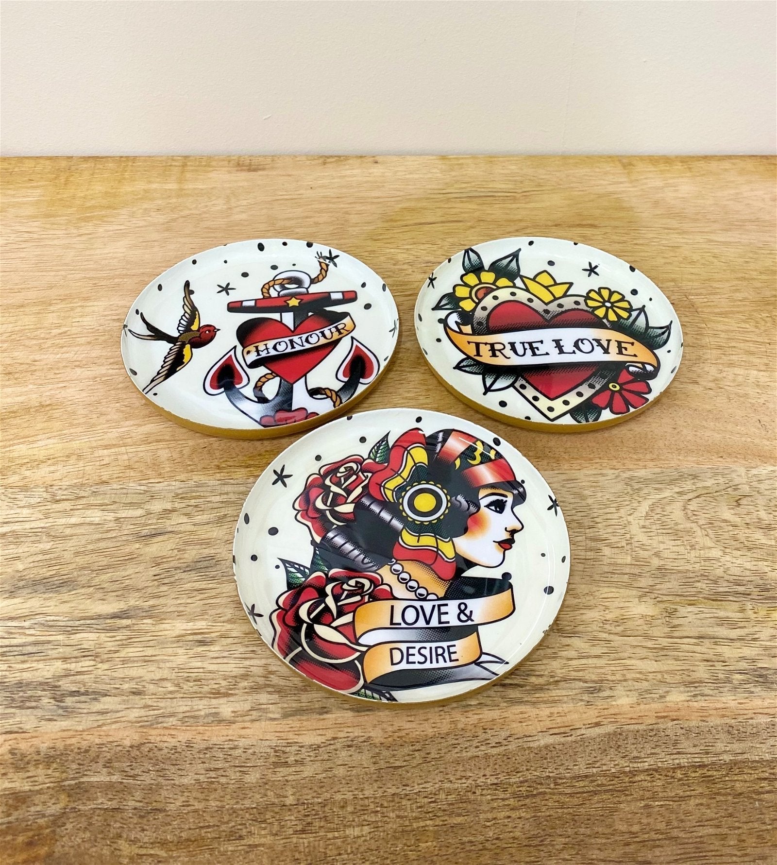 Eleanoras Set of Three Metal Retro Tattoo Design Coasters 