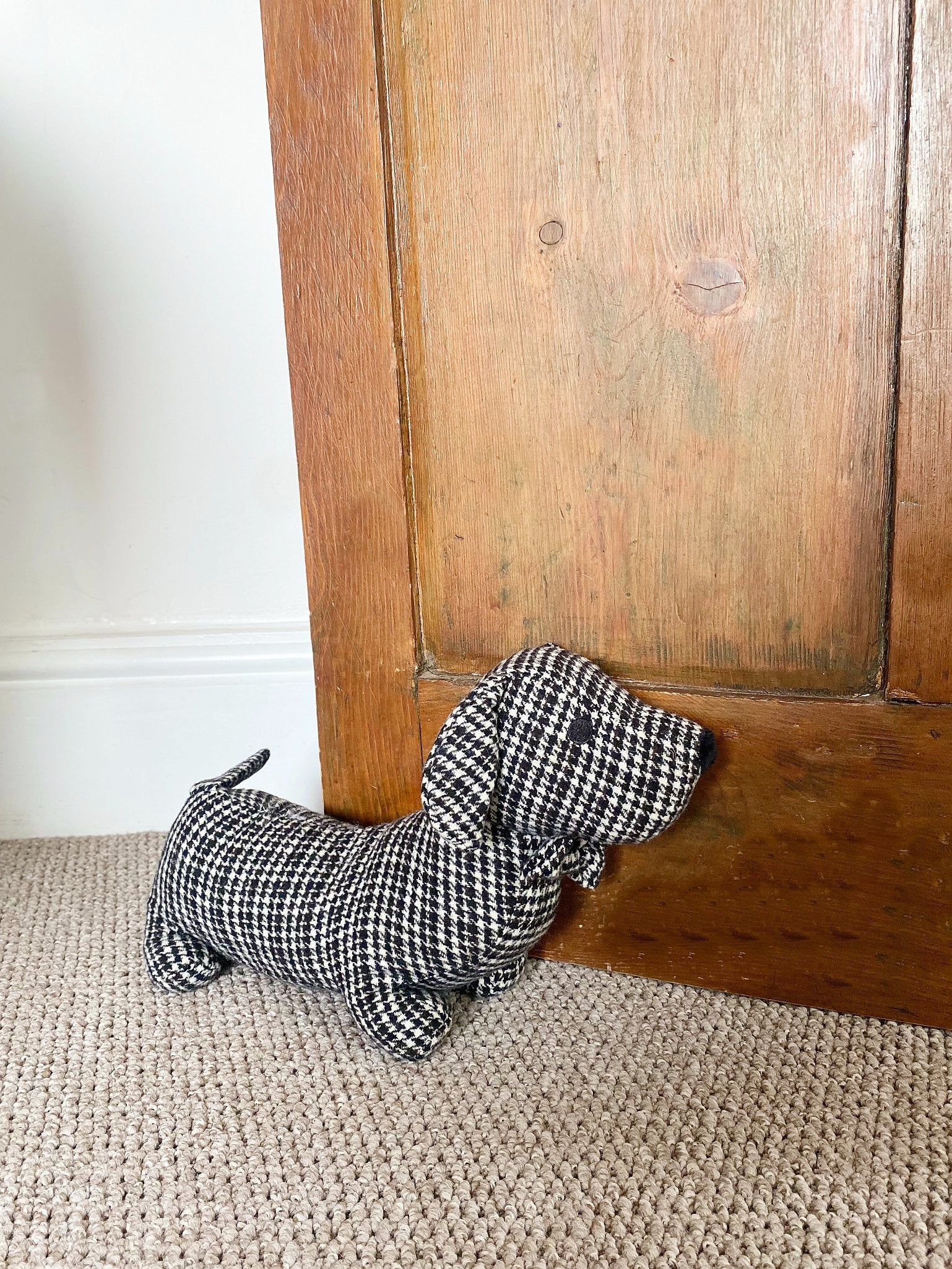 Eleanoras Grey Herringbone Fabric Sausage Dog Doorstop Door Stops