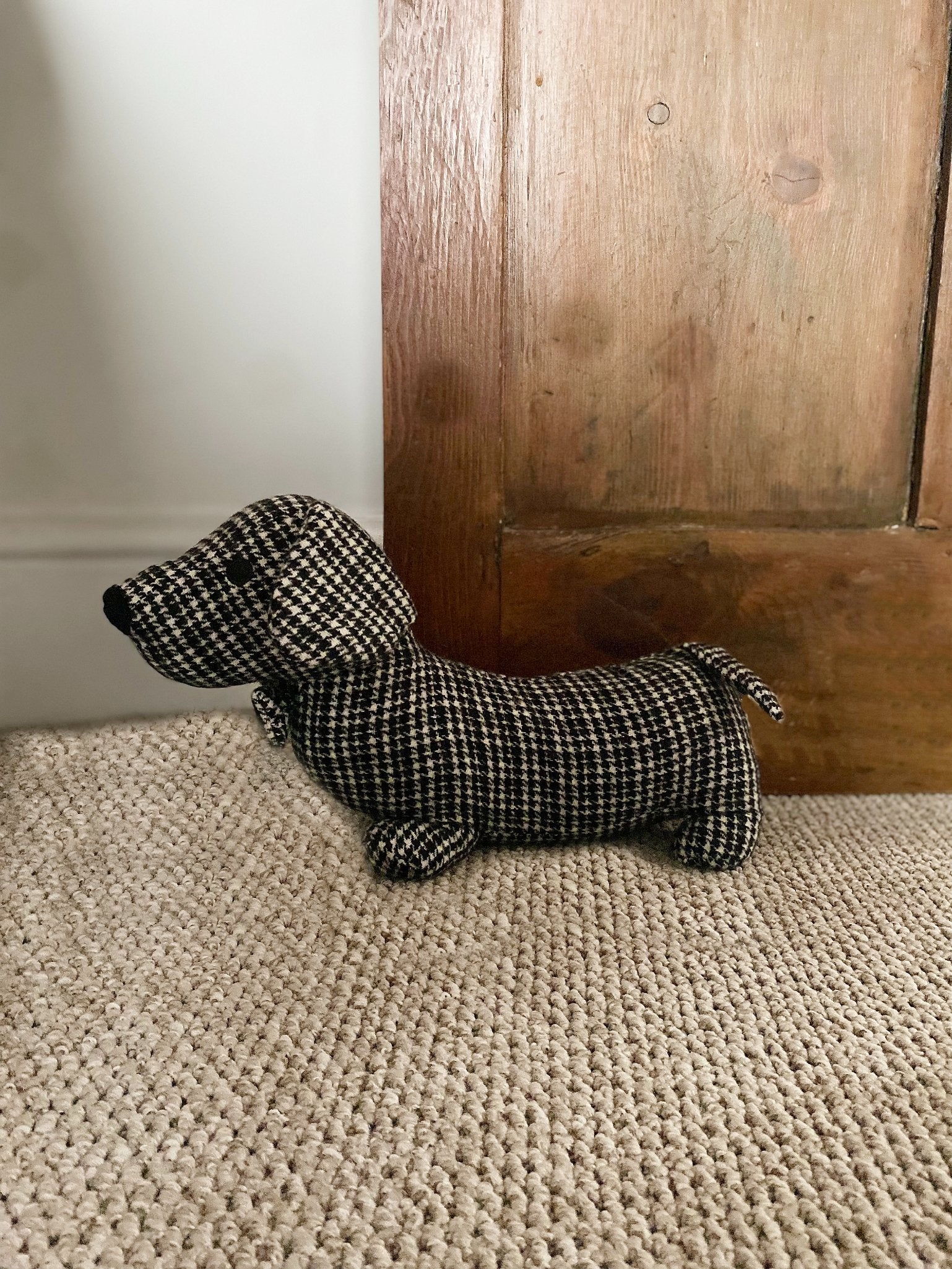 Eleanoras Grey Herringbone Fabric Sausage Dog Doorstop Door Stops