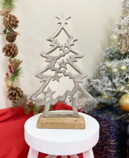 Silver Christmas Tree & Stars On Wooden Base  from Eleanoras