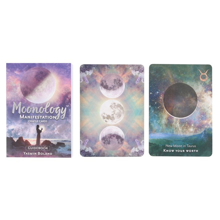 Moonology Manifestation Oracle sample cards with celestial artwork by Lori Menna